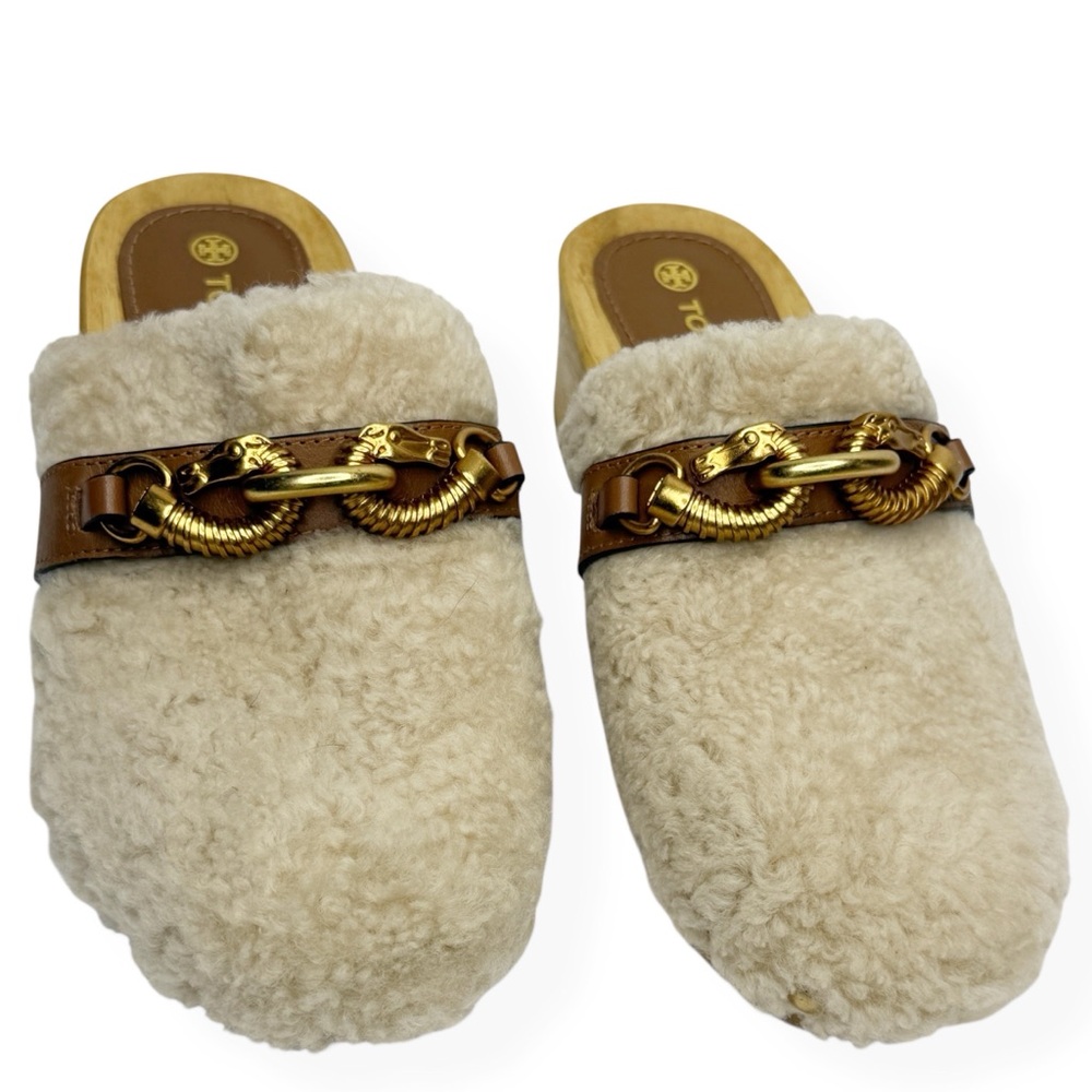 TORY BURCH Jessa Shearling Horse-Head Wooden‎ Clog Mule Size 5 1/2 - Picture 2 of 11